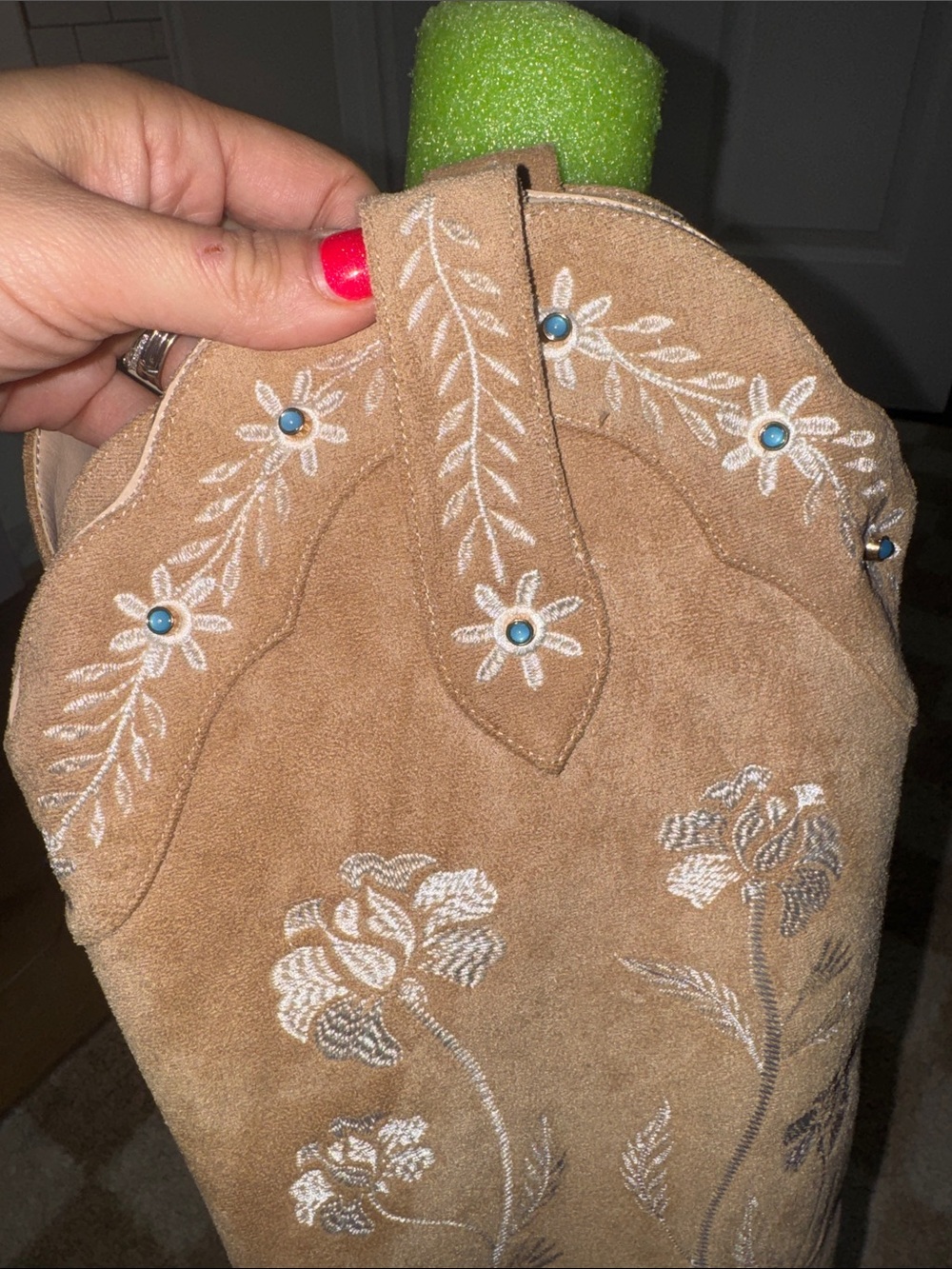 Embroidered Over-the-Knee Suede Boots in Tan - Picture 4 of 8
